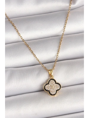 BFS 316L Çelik Gold Renk Zincir Zirkon Taşlı Yonca Model Kadın Kolye