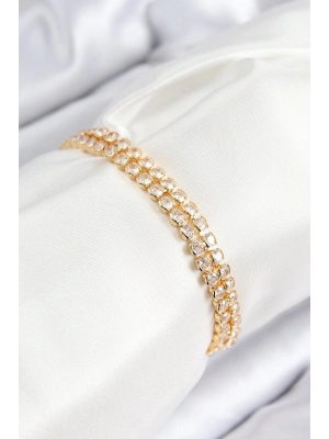 BFS Pirinç Zirkon Taşlı Çift Sıra Model Gold Renk Asansörlü Kadın Bileklik