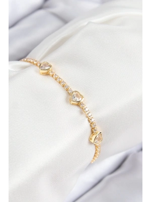 BFS Pirinç Zirkon Taşlı Sıralı Kalp Model Gold Renk Kadın Bileklik