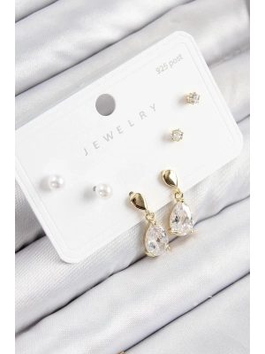 Bfs Pirinç Zirkon Taşlı Sallantılı Damla Model Gold Renk 925 Ayar Gümüş Çivi Kadın Küpe Set