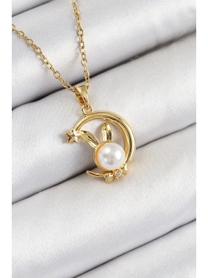 Bfs 316L Çelik İnci Detaylı Hilal Tavşan Model Gold Renk Kadın Kolye