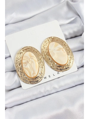 Bfs Pirinç Mermer Desenlli Bej Oval Vintage Model Gold Renk Kadın Küpe