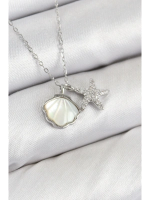 Bfs Pirinç Zirkon Taşlı İstiridye Ve Deniz Yıldızı Model Gümüş Renk Kadın Kolye
