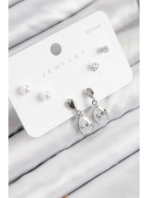 Bfs Pirinç Zirkon Taşlı Sallantılı Damla Model Gümüş Renk 925 Ayar Gümüş Çivi Kadın Küpe Set