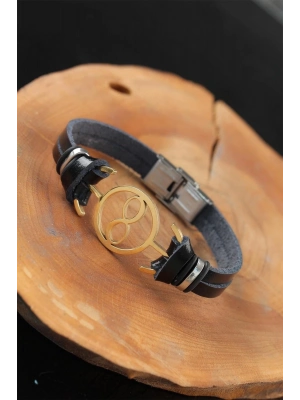 BFS Gold Renk Sonsuzluklu Metal Aksesuarlı Siyah Renk Deri Erkek Bileklik