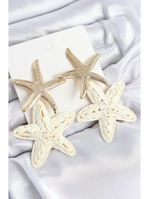 Bfs Pirinç Sallantılı Krem Deniz Yıldızı Model Gold Renk Hasır Küpe