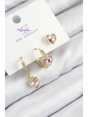 Bfs Pirinç Zirkon Taşlı 3Lü Pembe Kalp Model Gold Renk Kadın Küpe