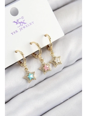 Bfs Pirinç Zirkon Taşlı 3Lü Renkli Yıldız Model Gold Renk Kadın Küpe