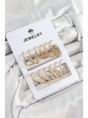 Bfs Pirinç Karışık Halka Model Gold Renk 6 Çift Kadın Küpe Set
