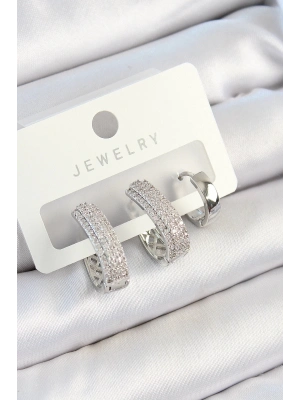 Bfs Pirinç Zirkon Taşlı Damla Model Gümüş Renk 3Lü Çift Kadın Küpe Set