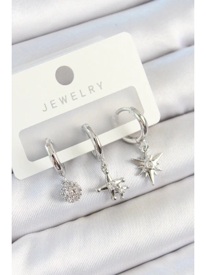 Bfs Pirinç Zirkon Taşlı Kutup Yıldızı Model Gümüş Renk 3Lü Çift Kadın Küpe Set