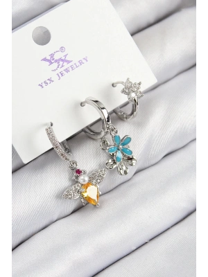 Bfs Pirinç Zirkon Taşlı 3Lü Arı Ve Çiçek Model Gümüş Renk Kadın Küpe