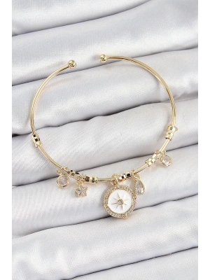 BFS Pirinç Zirkon Taşlı Pusula Model Gold Renk Charm Bileklik