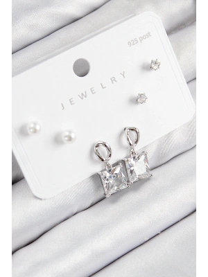 Bfs Pirinç Zirkon Taşlı Sallantılı Kare Model Gümüş Renk 925 Ayar Gümüş Çivi Kadın Küpe Set