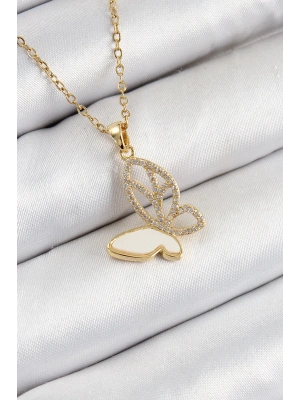 Bfs 316L Çelik Zirkon Taşlı Kelebek Model Gold Renk Kadın Kolye