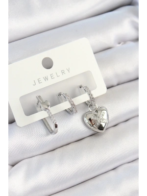 Bfs Pirinç Zirkon Taşlı Kalp Model Gümüş Renk 3Lü Çift Kadın Küpe Set