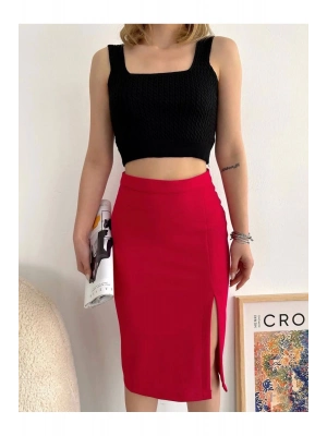 Yırtmaçlı Esnek Kumaş Midi Boy Etek Koyu Kırmızı