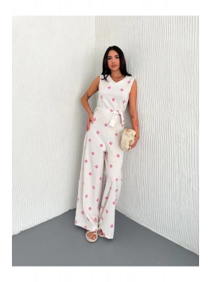 gl00my Beyaz Tulum Sırt Dekolteli Keten Tulum