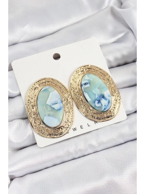 Bfs Pirinç Mermer Desenlli Mavi Oval Vintage Model Gold Renk Kadın Küpe