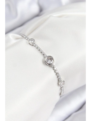 BFS Pirinç Zirkon Taşlı Daire Model Gümüş Renk Asansörlü Kadın Bileklik