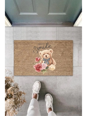 Bfs Dijital Please Smile Ayıcık Bej Kapı Paspası Dış Mekan Paspas K-3175