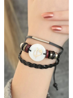 BFS Siyah Renk Elif Vav Tasarım Çoklu Deri Bileklik