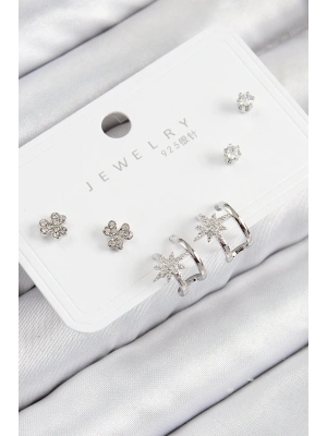 Bfs Pirinç Zirkon Taşlı Kutup Yıldızı Model Gümüş Renk 925 Ayar Gümüş Çivi Kadın Küpe Set