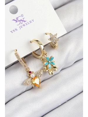 Bfs Pirinç Zirkon Taşlı 3Lü Arı Ve Çiçek Model Gold Renk Kadın Küpe