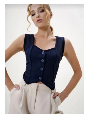 Krep Kumaş Düğmeli Yelek Lacivert S3395