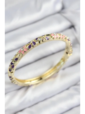 Bfs Mineli Pirinç Zirkon Taşlı Pembe Mor Çiçek Motifli Gold Kadın Kelepçe