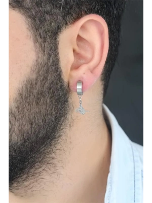 Bfs Silver Renk Kaplama Osmanlı Tuğra Figürlü Kıstırmalı Çelik Erkek Küpe