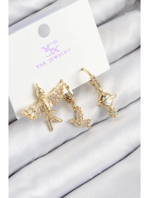 Bfs Pirinç Zirkon Taşlı 3Lü Kuş Model Gold Renk Kadın Küpe