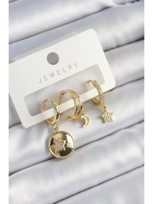 Bfs Pirinç Zirkon Taşlı Yıldız Ve Ay Model Gold Renk 3Lü Çift Kadın Küpe Set