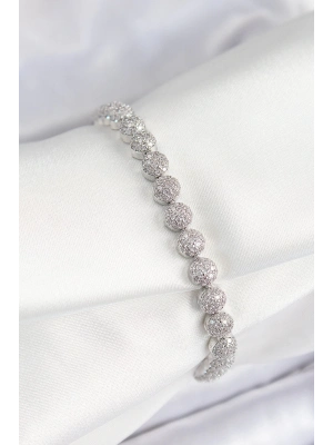 BFS Pirinç Zirkon Taşlı Yarım Topcuk Model Gümüş Renk VIP Seri Kadın Bileklik