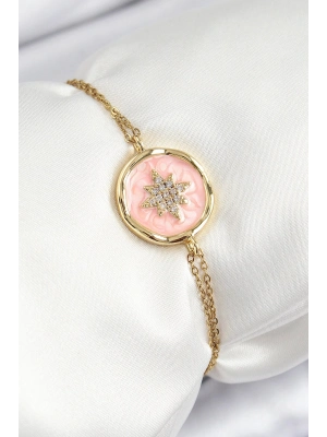 Bfs 316L Çelik Zincir Pembe Mineli Sanatsal Portre Kuzey Yıldızı Model Gold Renk Kadın Bileklik