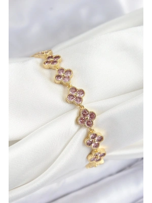 BFS Pirinç Pembe Zirkon Taşlı Yonca Model Gold Renk VIP Seri Kadın Bileklik
