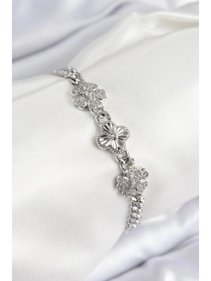 Bfs Pirinç Zirkon Taşlı Yonca Model Gümüş Renk Kadın Bileklik