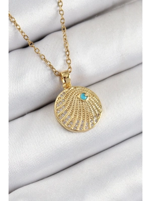 Bfs 316L Çelik Zirkon Taşlı Madalyon Model Gold Renk Kadın Kolye