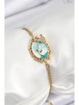 Bfs 316L Çelik Zincir Mineli Sanatsal Portre Zirkon Taşlı Kelebek Detaylı Çiçek Model Gold Renk Kad