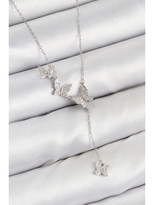 Bfs Pirinç Zirkon Taşlı Kelebek Model Gümüş Renk Kadın Kolye