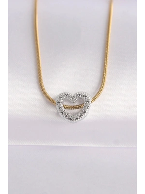 Bfs 316L Çelik Zincir Altın Renk Zincirli Gümüş Renk Kalp Tasarımlı Kolye