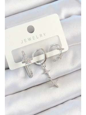 BFS Pirinç Zirkon Taşlı Kelebek Ve Sallantılı Yıldız Model Gümüş Renk 3lü Çift Kadın K