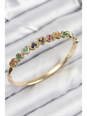 BFS Pirinç Renkli Zirkon Taşlı Sıralı Kalp Model Gold Renk Kadın Kelepçe