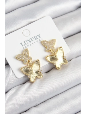 BFS Pirinç Zirkon Taşlı Kelebek Model Gold Renk Kadın Küpe