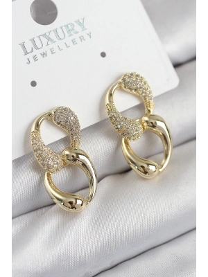 BFS Pirinç Zirkon Taşlı Zincir Model Gold Renk Kadın Küpe