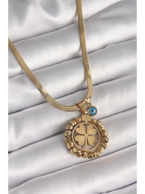 Bfs 316L Çelik Gold Renk İtalyan Zincir Dorika Yonca Model Nazar Boncuk Detay Kadın Kolye