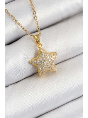 Bfs 316L Çelik Zirkon Taşlı Yıldız Model Gold Renk Kadın Kolye