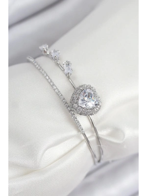 Bfs Pirinç Zirkon Taşlı Kalp Model Gümüş Renk Kadın Bileklik