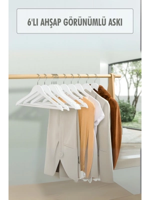 6’lı Ahşap Görünümlü Askı Beyaz 44 cm