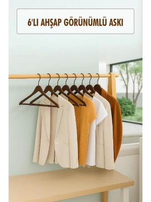 6’lı Ahşap Görünümlü Askı Kahve 44 cm